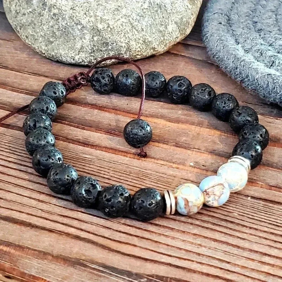 Handcrafted Chakra Bracelet Natural Blue and Tan Aqua Terra Jasper Black Lava - Picture 5 of 7